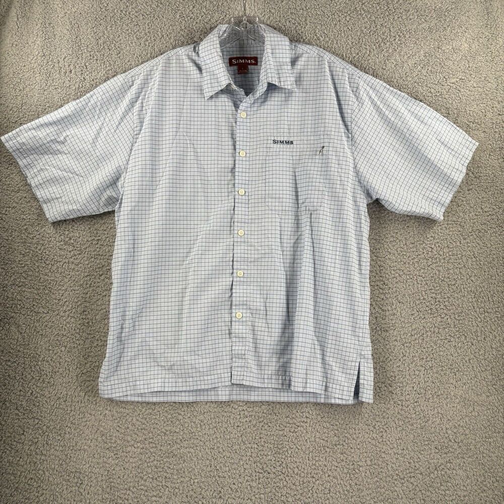 Simms Plaid Button Up Shirt Men's Large L Blue Fishing Breathable Cotton Blend